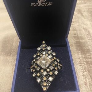 Swarovski Black and Silver Geometric Ring Sz 55 EUC Like New